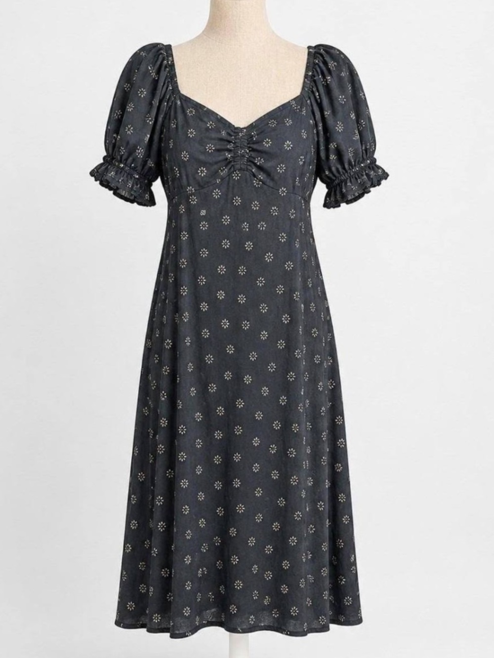 🖤 Madewell Puff Sleeve Sweetheart Ditsy Floral Midi Dress - Black & White Daisy